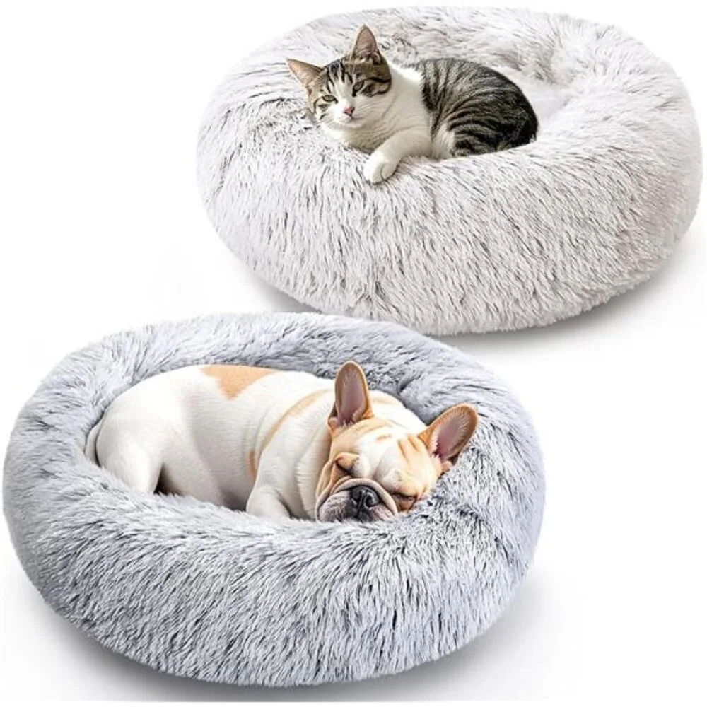 Dog Cat Bed 2 Pack Medium Donut Calming Round Fluffy Washable Pet Bed Grey White